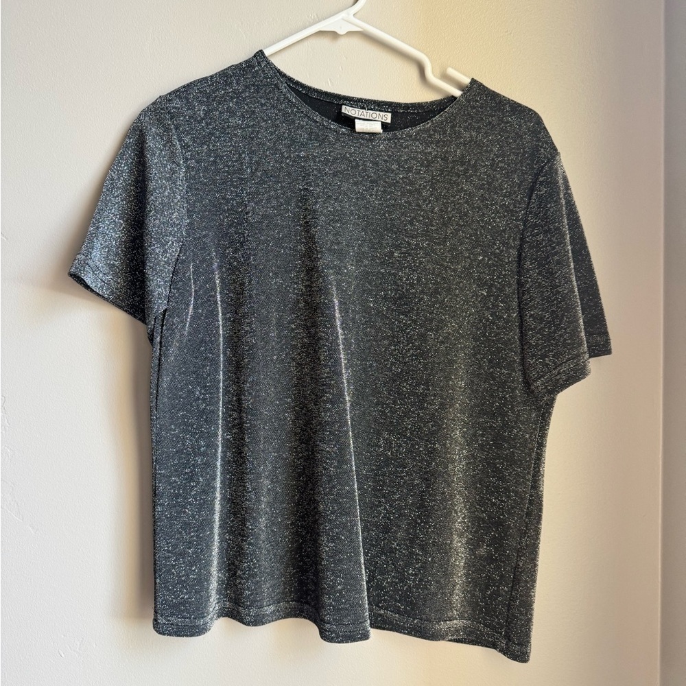 Vintage Notations Metallic Shimmer Tee Top | NYE Holiday Party Sparkle S